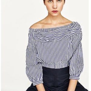 Zara Blue and White Long Sleeve off Shoulder Top Blouse Small in excellent cond